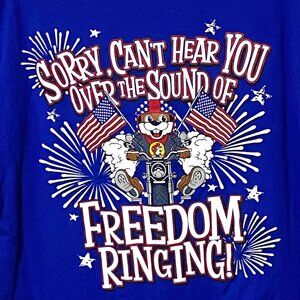 Buc-ee's Beaver Patriotic T-Shirt L Blue Biker Motorcycle USA Freedom Ringing